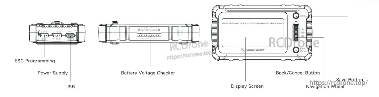 Hobbywing LCD Program Box PRO with display, navigation wheel, ESC programming port, power supply port and USB-C