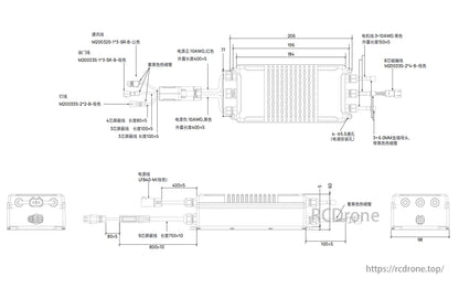 Hobbywing P65M High Voltage Heavy Lift Drone Motor, The Hobbywing P65M motor diagram details dimensions, wiring specs, 400V/355V operation, 130kg thrust, and UAVCAN/RS485 ESC compatibility.
