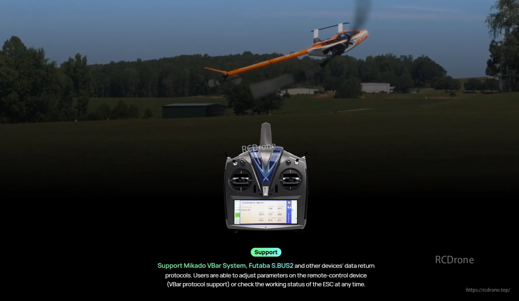 Hobbywing Platinum 180A V5 ESC, Radio transmitter display showing Hobbywing Platinum HV 180A V5 ESC status and telemetry support options