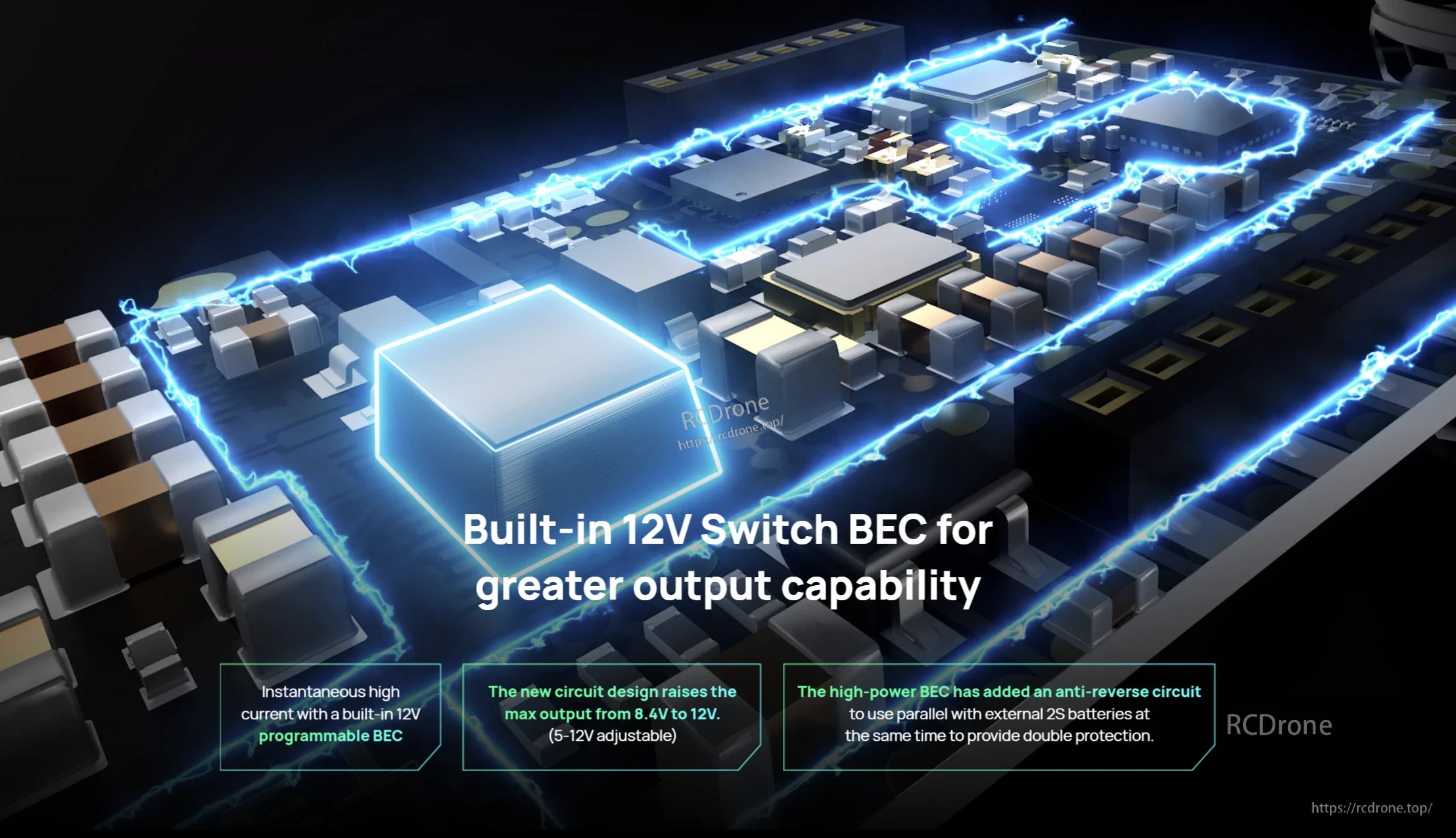 Hobbywing Platinum 180A V5 ESC graphic showing built-in 12V switch BEC and circuit board components