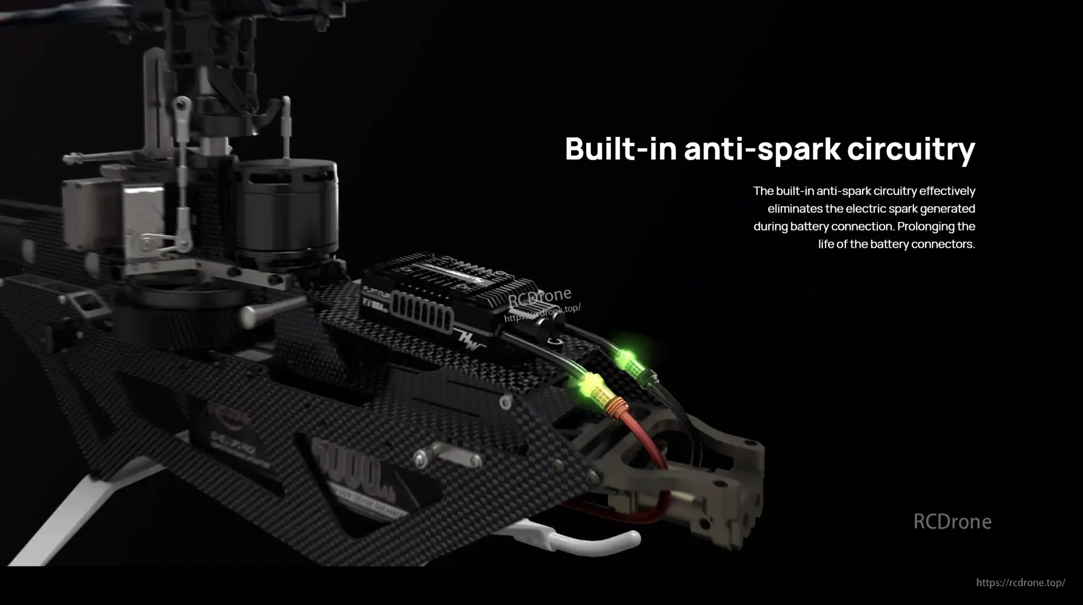 Hobbywing Platinum 180A V5 ESC mounted on an RC helicopter frame with built-in anti-spark circuitry callout text