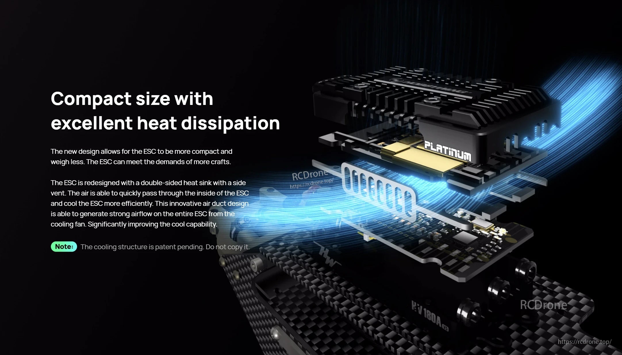 Exploded view of Hobbywing Platinum 180A V5 ESC showing compact housing, double-sided heatsink and side vent airflow path