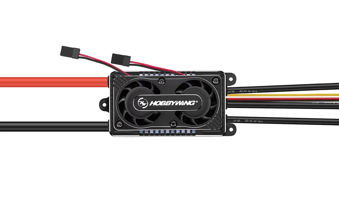 Hobbywing Platinum 260A V5 HV Series ESC, Hobbywing Platinum HV series RC ESC with dual cooling fan, mounting tabs, and heavy-gauge power and motor wires