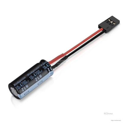 Hobbywing Platinum 260A V5 HV Series ESC, Rubycon 4700µF 10V electrolytic capacitor pack with red/black leads and a 2-pin JST connector for an ESC