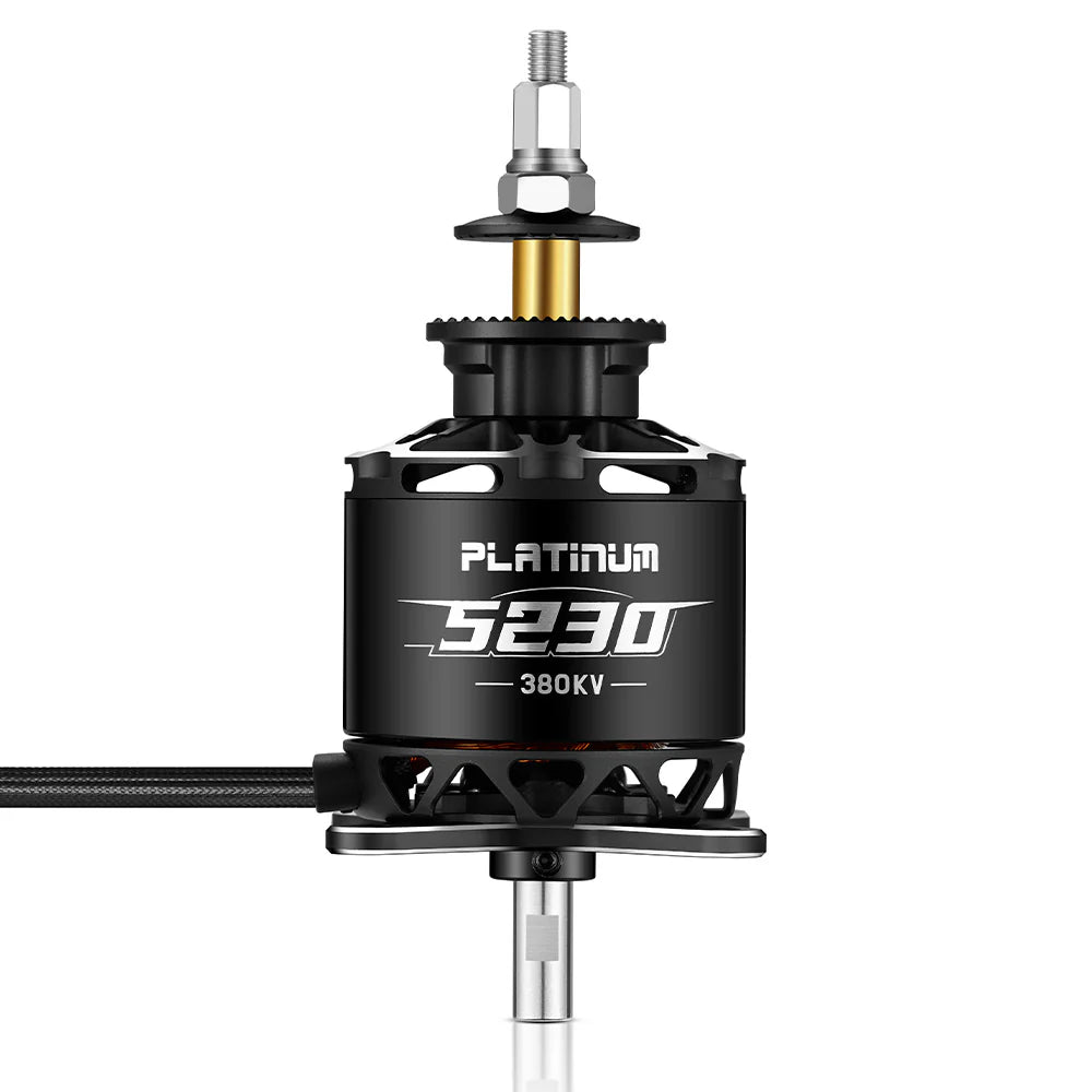 Hobbywing Platinum 5230 380KV fixed-wing brushless motor with black housing and prop shaft adapter