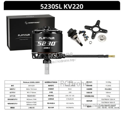 Hobbywing Platinum 5230SL KV220 fixed-wing brushless motor with box, mounting cross, screws, and prop adapter