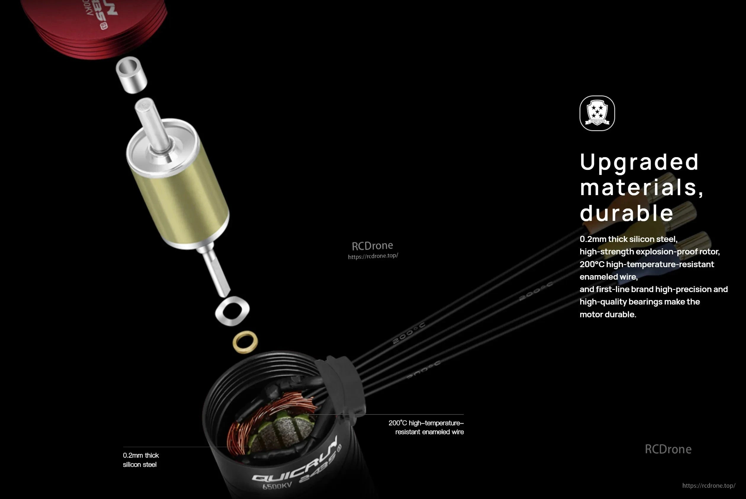 Exploded view of Hobbywing QUICRUN 2435 SL G3 sensorless brushless motor internals with 0.2mm silicon steel and 200°C wire