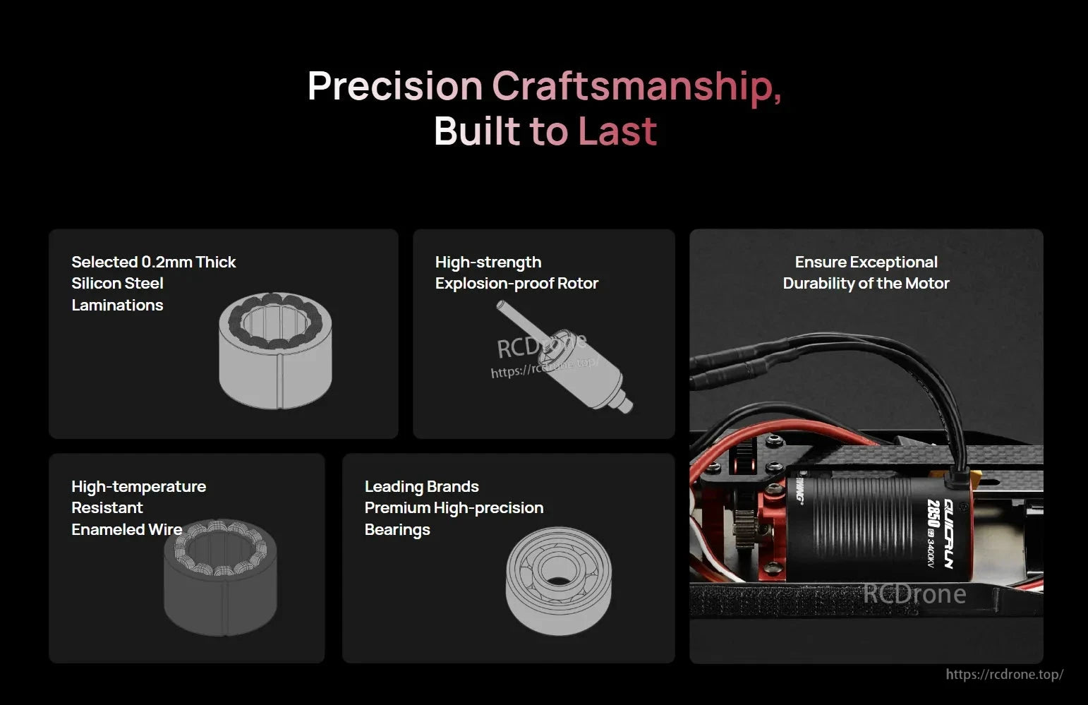 Hobbywing QUICRUN 2850 G2 3400KV sensorless brushless motor with durability callouts and installed wiring