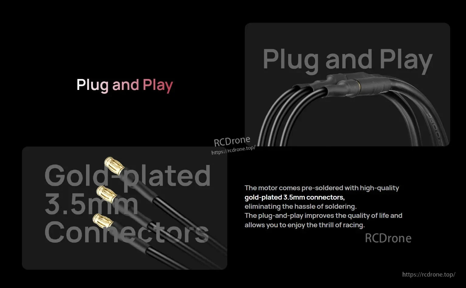 Hobbywing QUICRUN 2850 SL G2 motor wires with pre-soldered gold-plated 3.5mm bullet connectors
