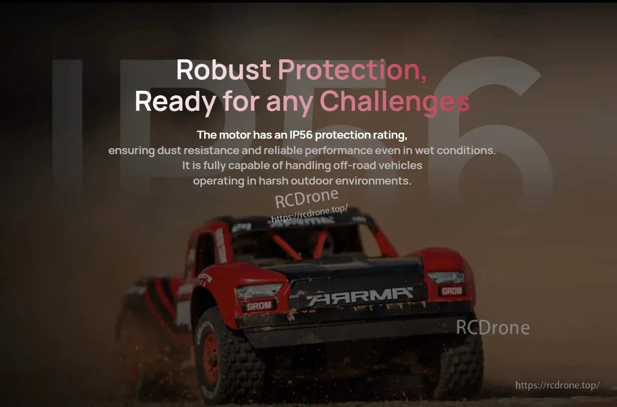 Hobbywing QUICRUN 2850 SL G2 motor banner highlighting IP56 protection for dust resistance and wet conditions