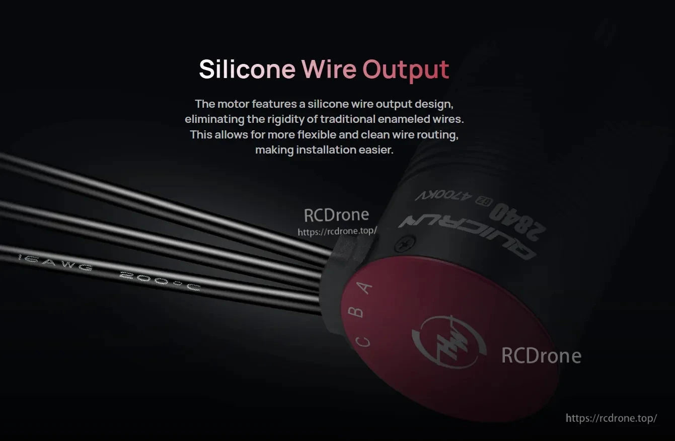 Hobbywing QUICRUN 2850 SL G2 brushless motor with silicone wire output leads labeled A, B, C for easy routing