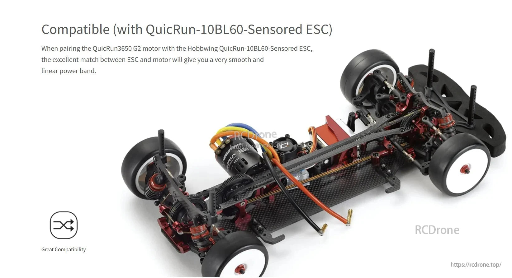 Hobbywing QuicRun 3650 G2 sensored brushless motor installed on an RC touring car chassis with wiring