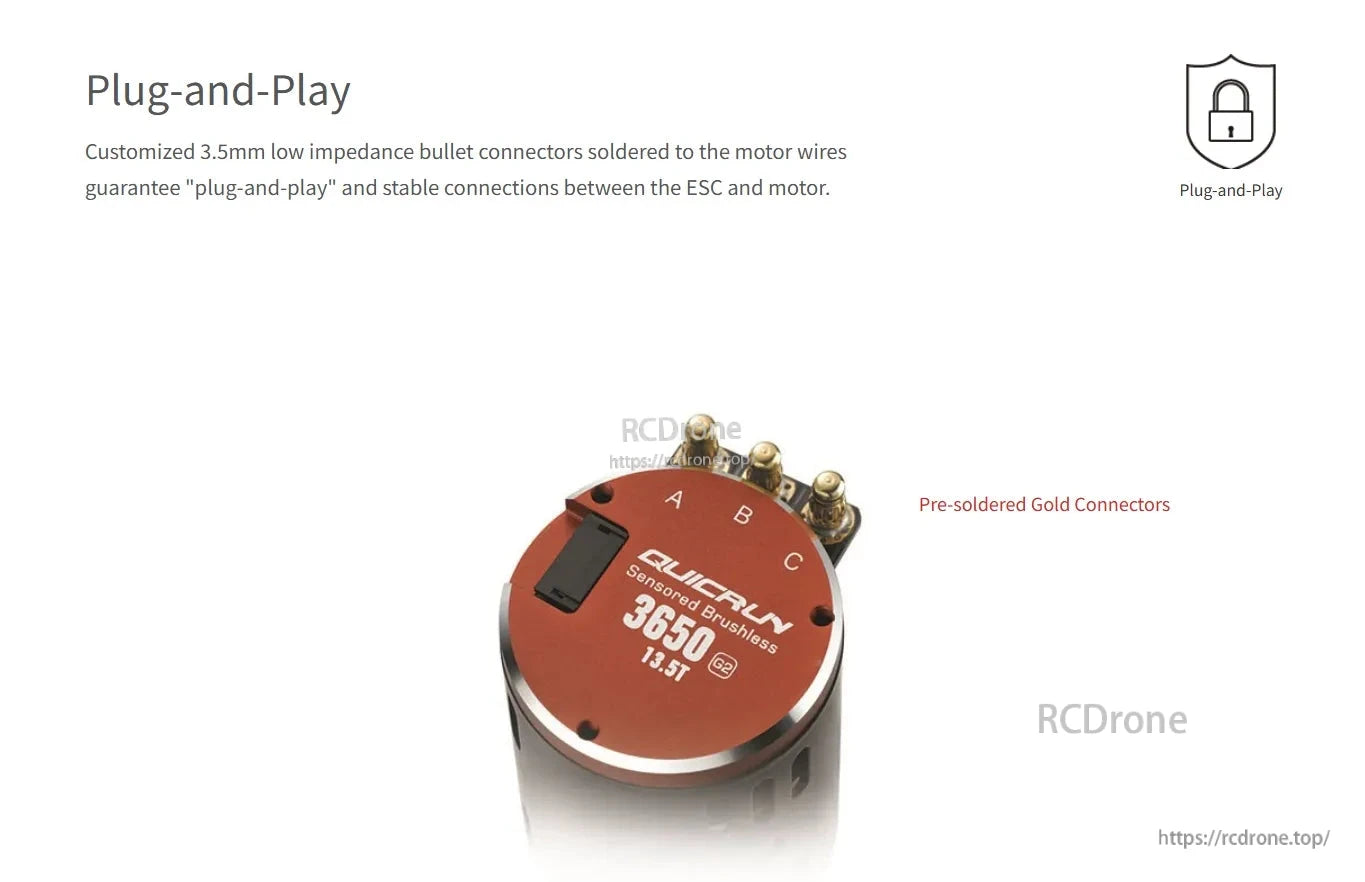 Hobbywing QUICRUN 3650 G2 sensored brushless motor with A/B/C pre-soldered gold bullet connectors and 13.5T label