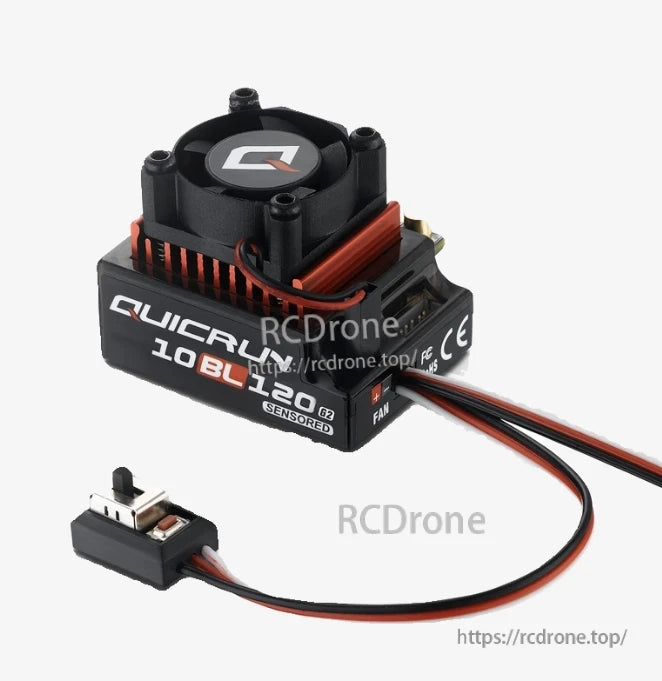 Hobbywing QUICRUN 10BL120 sensored brushless ESC with cooling fan, on/off switch, and wired leads