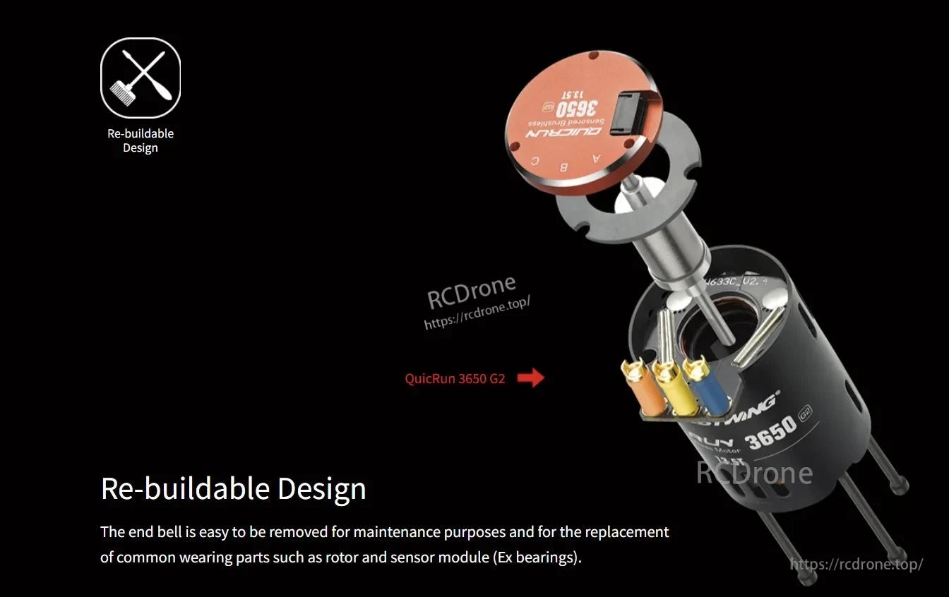 Exploded view of Hobbywing QuicRun 3650 G2 sensored brushless motor showing removable end bell and rotor