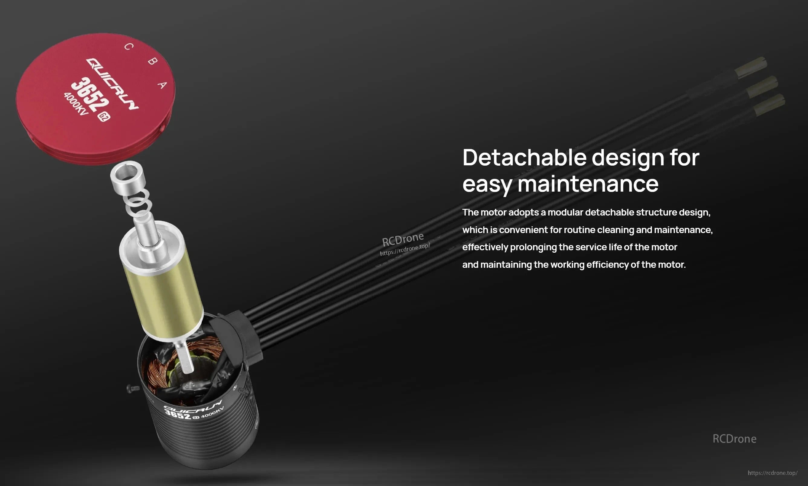 Exploded view of Hobbywing QUICRUN 3660 G2 brushless motor with detachable end cap, rotor, and three phase wires