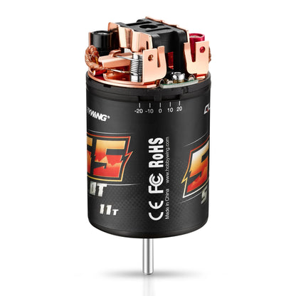 Hobbywing QUICRUN Brushed 555 Motor, Hobbywing QUICRUN 555 brushed motor with 11T marking, exposed brush assembly, and adjustable timing scale