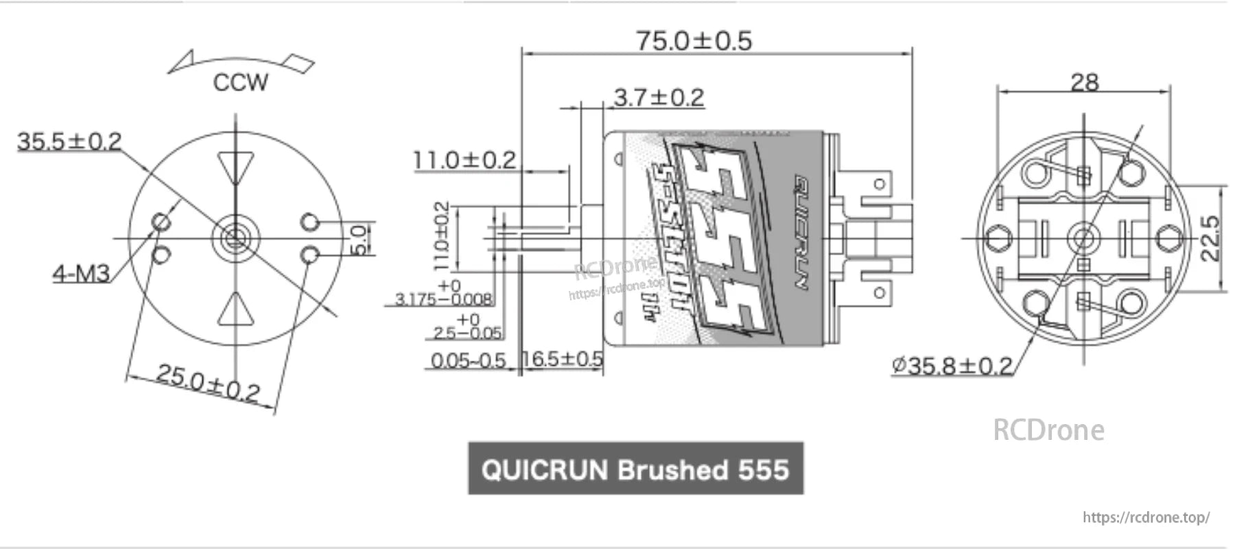 Hobbywing QUICRUN Brushed 555 motor dimension drawing with 75.0 mm length, Ø35.8 mm body and 4-M3 mount