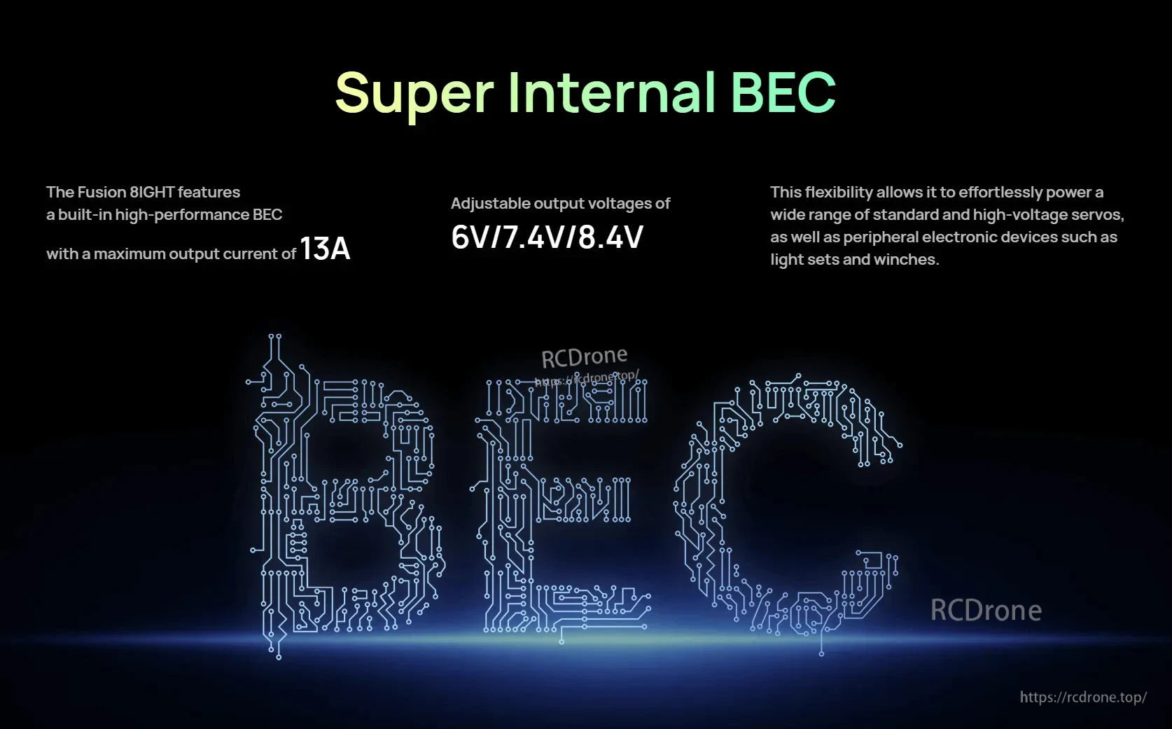 Hobbywing QUICRUN Fusion 8IGHT internal BEC specs showing 13A max and selectable 6V/7.4V/8.4V output