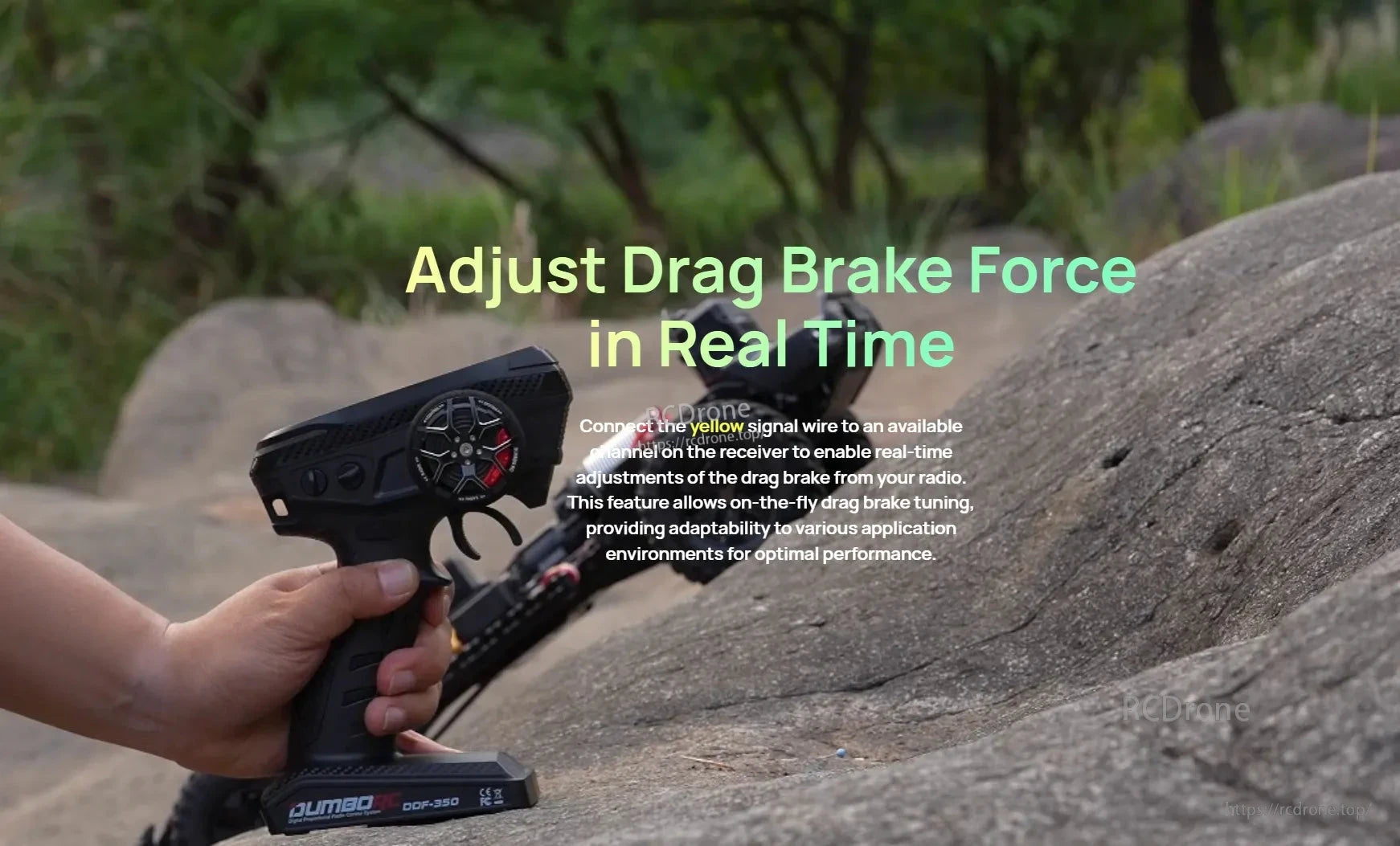 RC rock crawler on rocks with handheld transmitter and text about adjusting drag brake force in real time