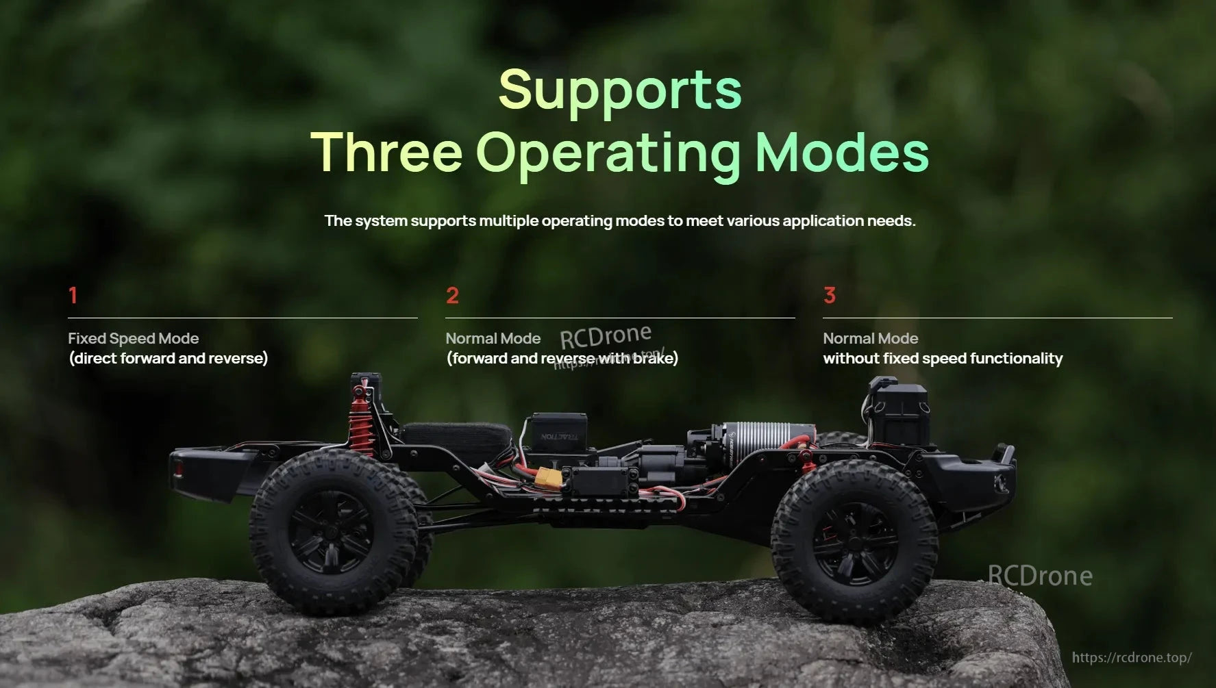 RC rock crawler chassis with Hobbywing power system graphic listing three operating modes: Fixed Speed, Normal w/ brake, Normal.