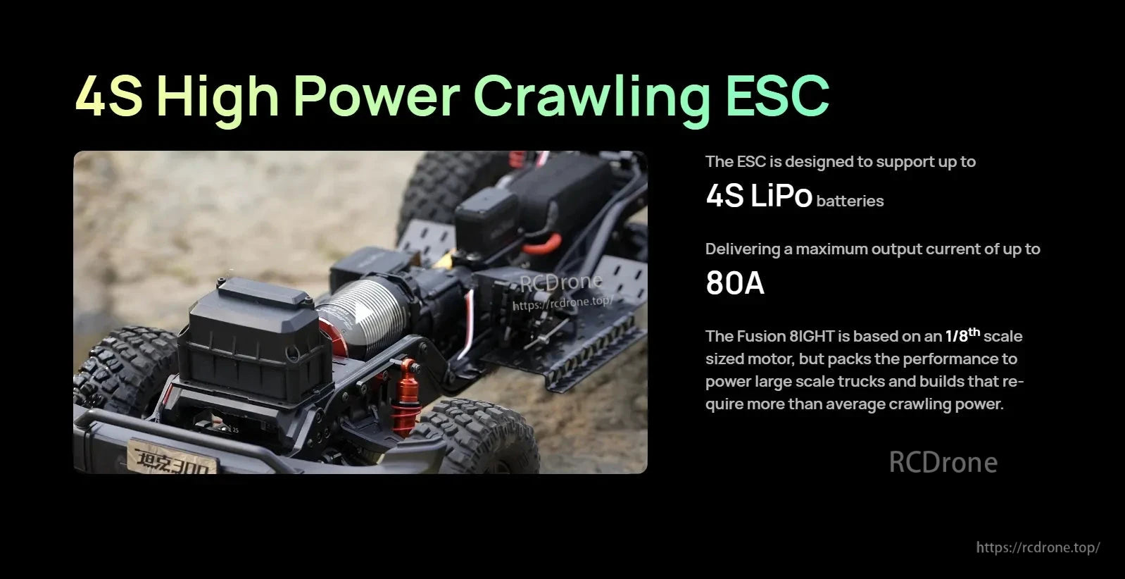 Hobbywing QUICRUN Fusion 8IGHT motor and ESC installed in a 1/8 rock crawler, supports up to 4S LiPo and 80A output