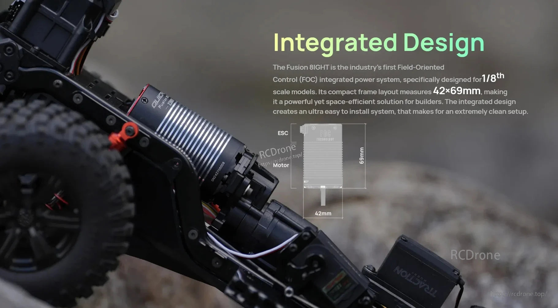 Hobbywing QUICRUN Fusion 8IGHT integrated ESC and motor installed on a 1/8 crawler, 42×69mm footprint
