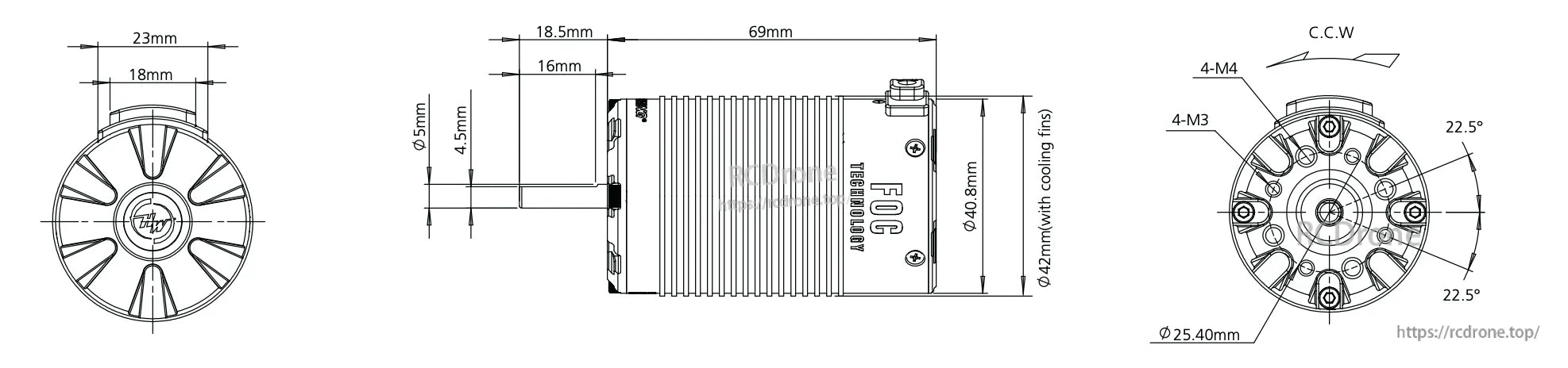 Dimension drawing of Hobbywing QUICRUN Fusion 8IGHT motor showing 69mm length, 40.8mm body and 5mm shaft.