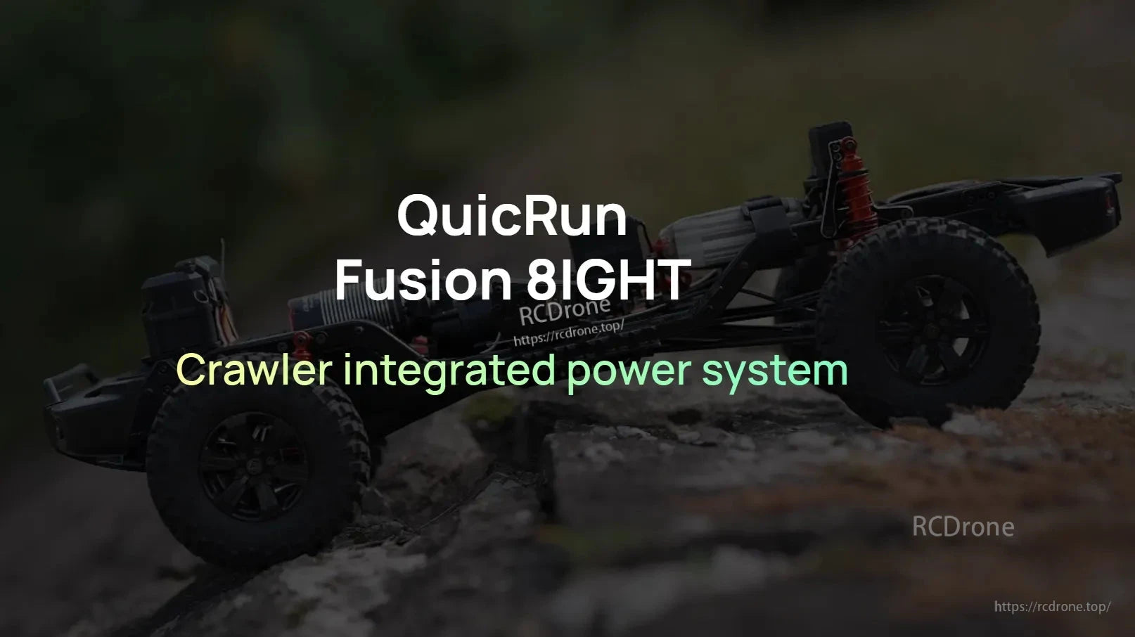 RC rock crawler chassis on rocks with QuicRun Fusion 8IGHT text overlay, crawler integrated power system