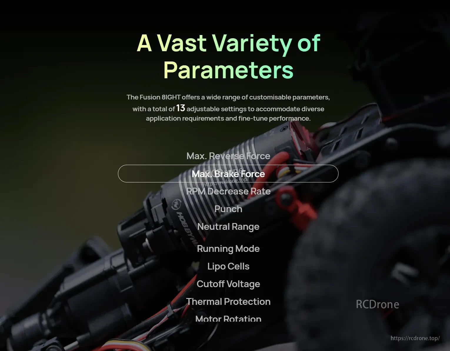 Hobbywing QUICRUN Fusion 8IGHT power system with 13 adjustable parameters like brake force, punch and LiPo cutoff