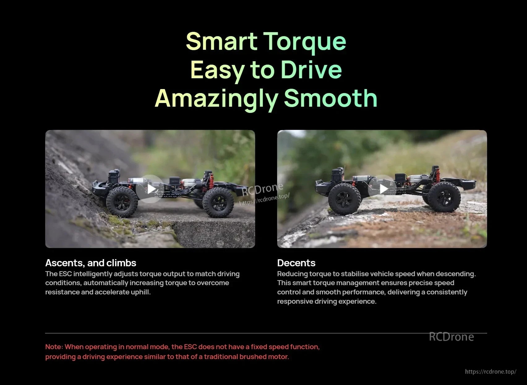 Hobbywing QUICRUN Fusion 8IGHT promo graphic showing smart torque for smooth RC crawler climbs and descents