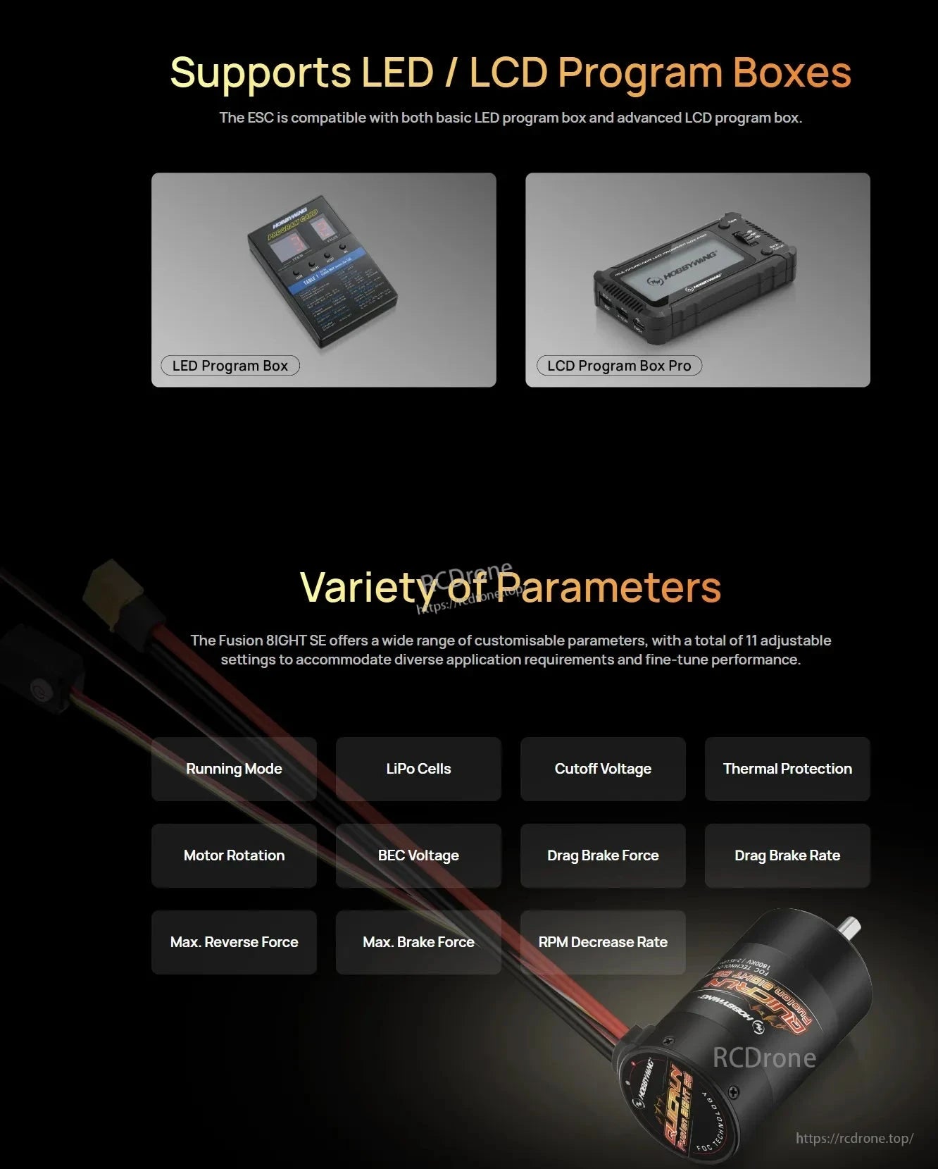 Hobbywing Fusion 8IGHT SE RC ESC and motor system graphic showing LED/LCD program box compatibility and settings