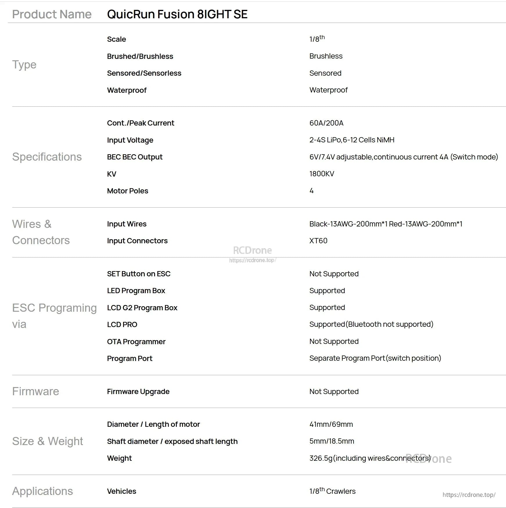 Hobbywing QuicRun Fusion 8IGHT SE spec table showing 60A/200A, 2–4S LiPo, 1800KV, XT60 connector