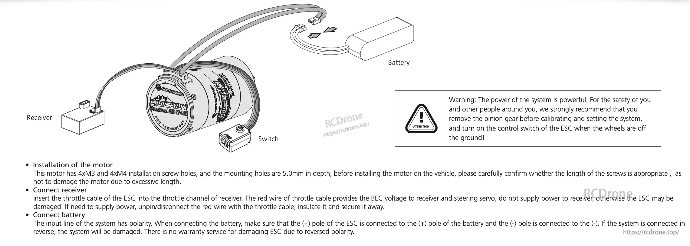 Hobbywing QUICRUN Fusion 8IGHT SE integrated ESC and motor wiring diagram with receiver lead, switch, and battery