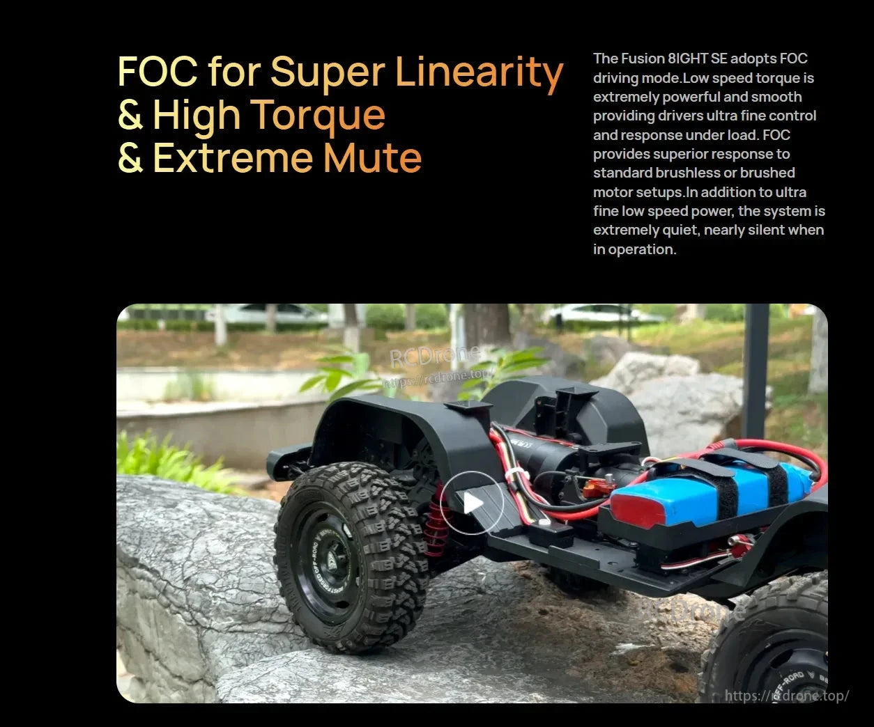 RC crawler chassis with integrated ESC and motor system installed, highlighting FOC drive mode for smooth low-speed control