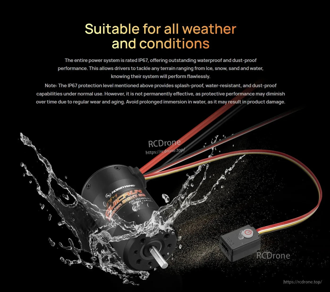 Hobbywing QUICRUN Fusion integrated ESC motor with wiring harness, paired with IP67 all-weather waterproof text