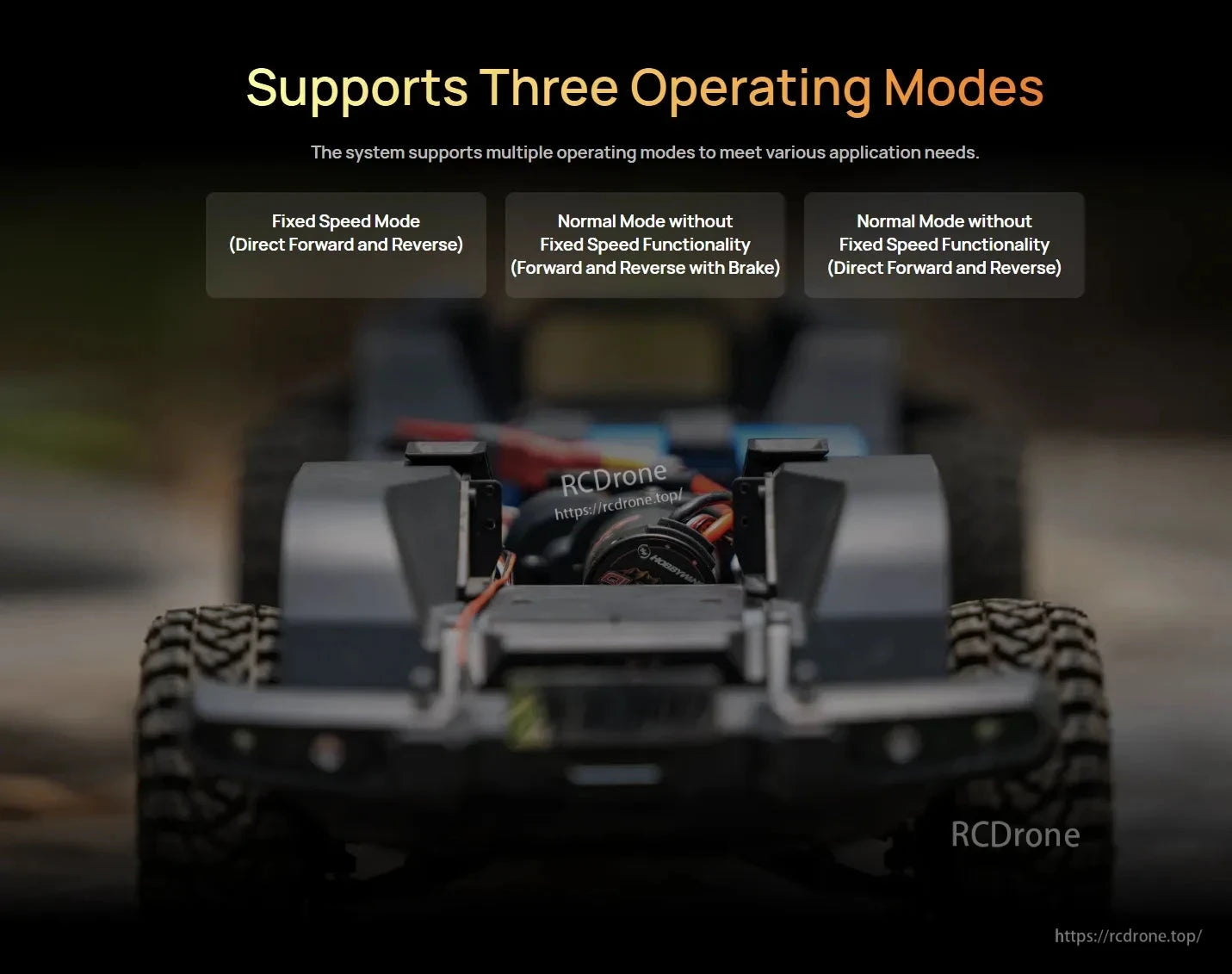 Graphic listing three operating modes for the Hobbywing QUICRUN Fusion system, including fixed speed and normal forward/reverse with brake