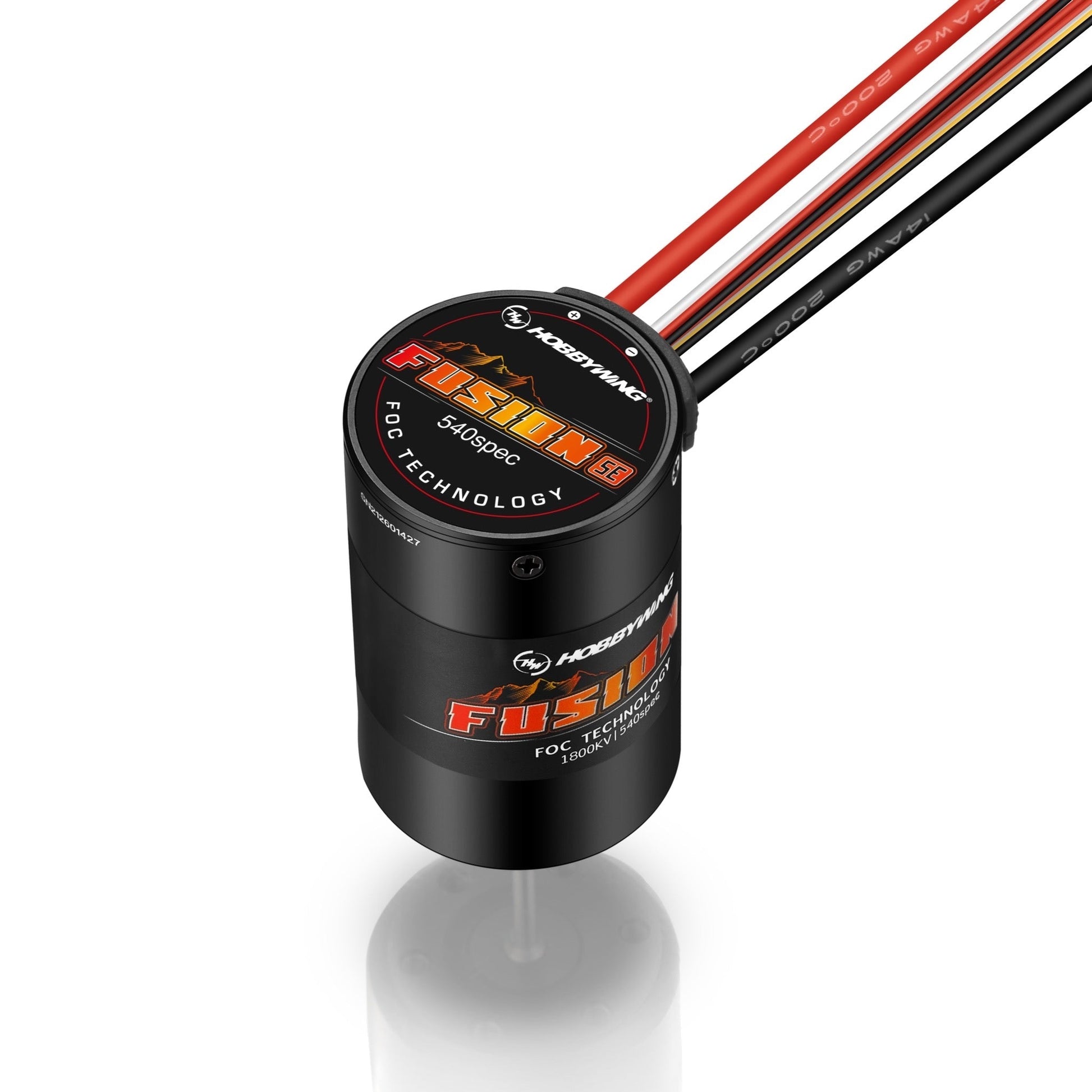 Hobbywing QUICRUN Fusion SE 540-spec brushless motor can with attached red/black power leads, 1800KV label