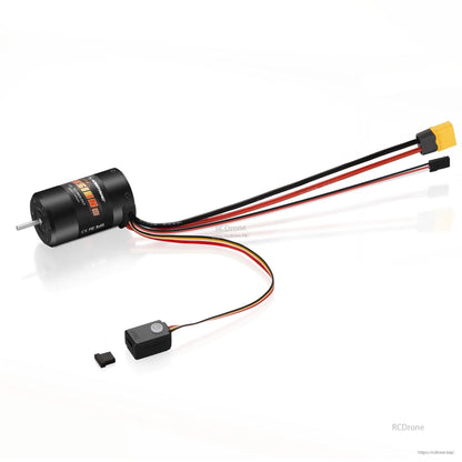Hobbywing QUICRUN Fusion SE 2-in-1 brushless motor with built-in ESC, wiring harness, and yellow battery plug
