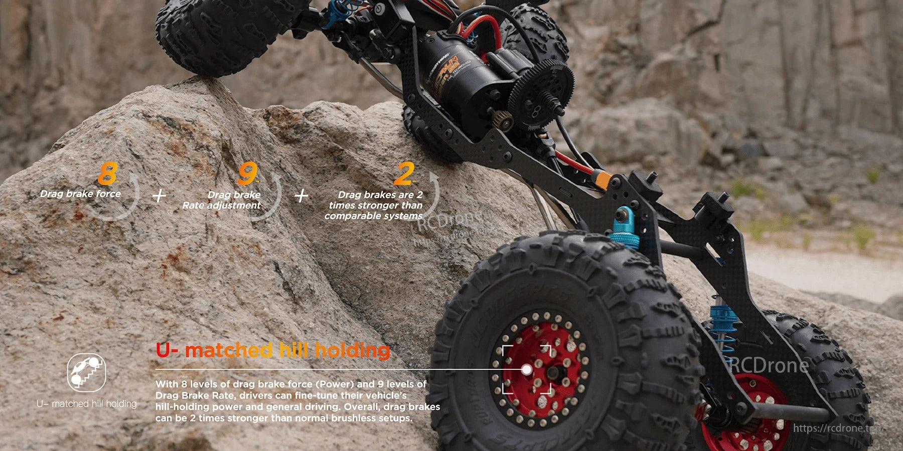 RC rock crawler climbing a boulder with a Hobbywing QUICRUN Fusion SE 2-in-1 motor and ESC installed