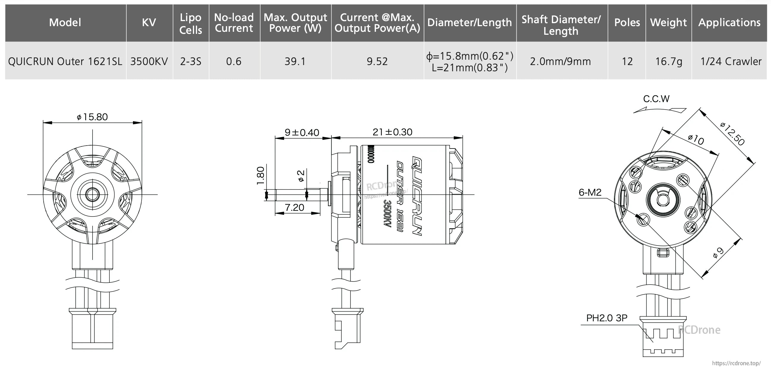 Dimension drawing and spec table for Hobbywing QUICRUN Outer 1621SL 3500KV motor with 15.8mm diameter and 21mm length