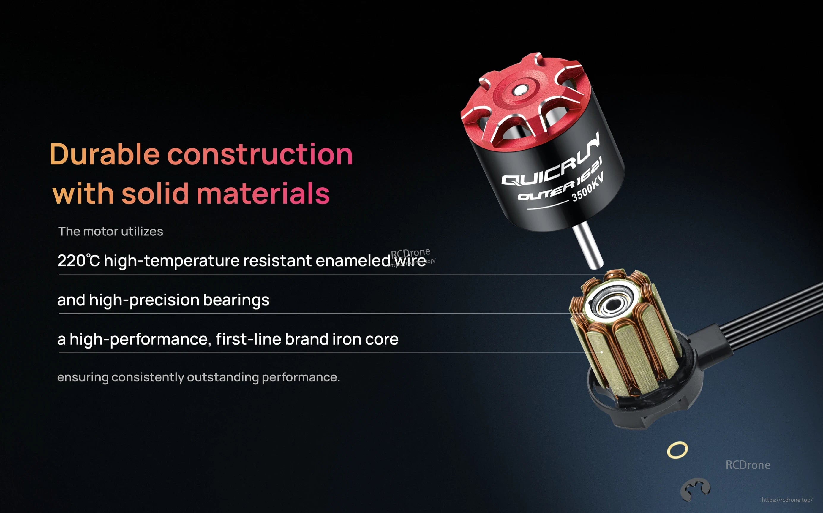 Hobbywing QUICRUN Outer 1621SL 3500KV Motor, Hobbywing QUICRUN Outer 1621SL 3500KV brushless motor with red end cap, stator windings, and bearing detail