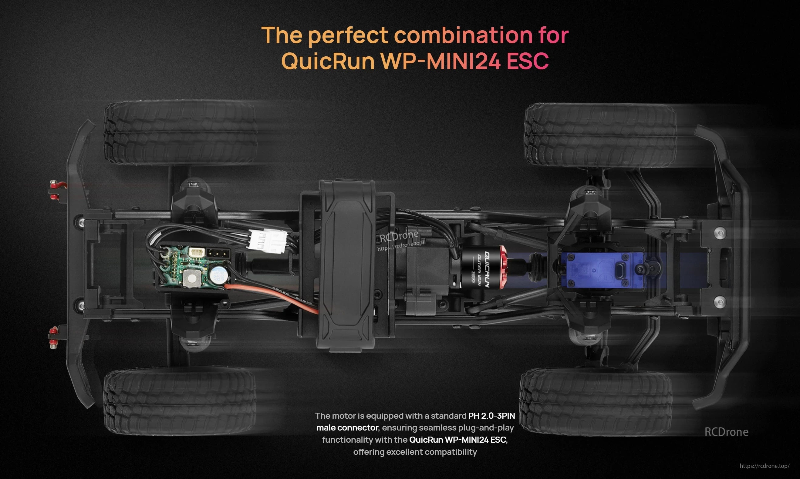Hobbywing QUICRUN Outer 1621SL 3500KV Motor, Hobbywing QUICRUN 1621SL 3500KV brushless motor installed on RC chassis with PH 2.0 3-pin plug for WP-MINI24 ESC