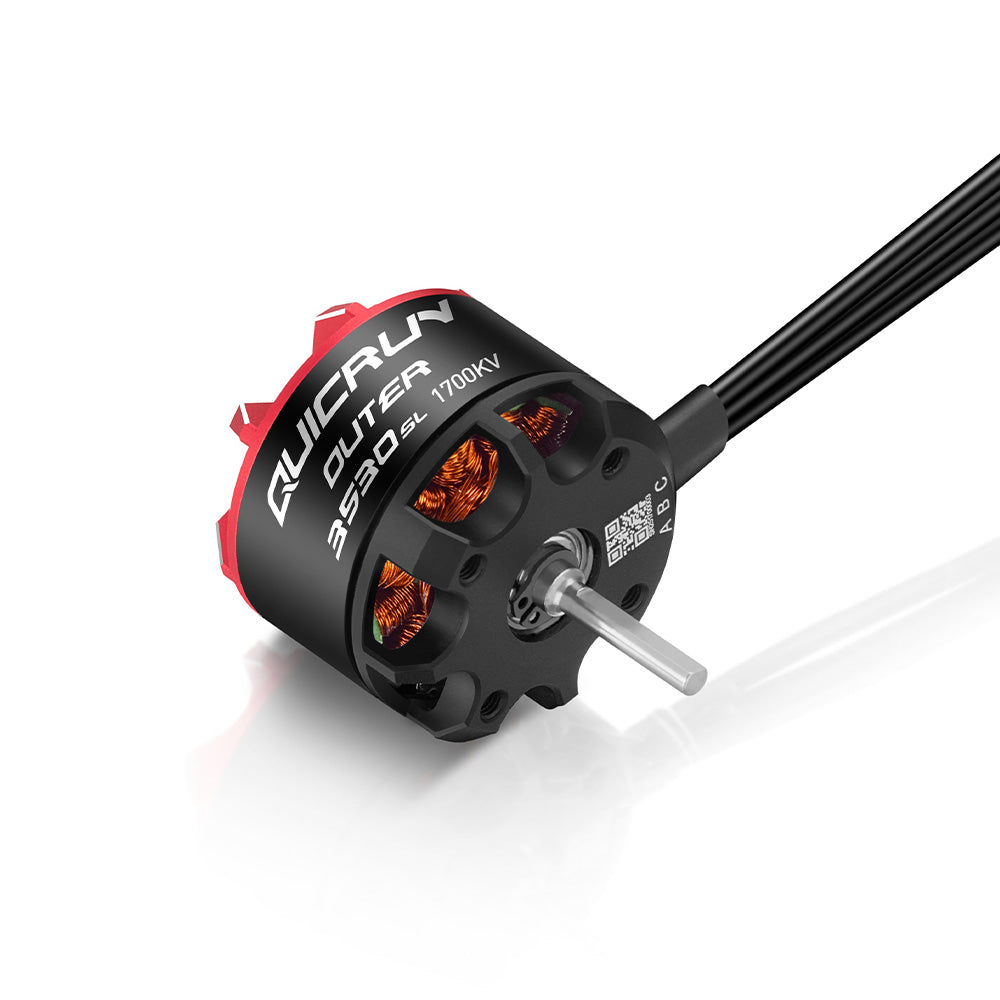 Hobbywing QUICRUN OUTER 3530SL 1700KV brushless motor with red end cap, exposed windings and three wires