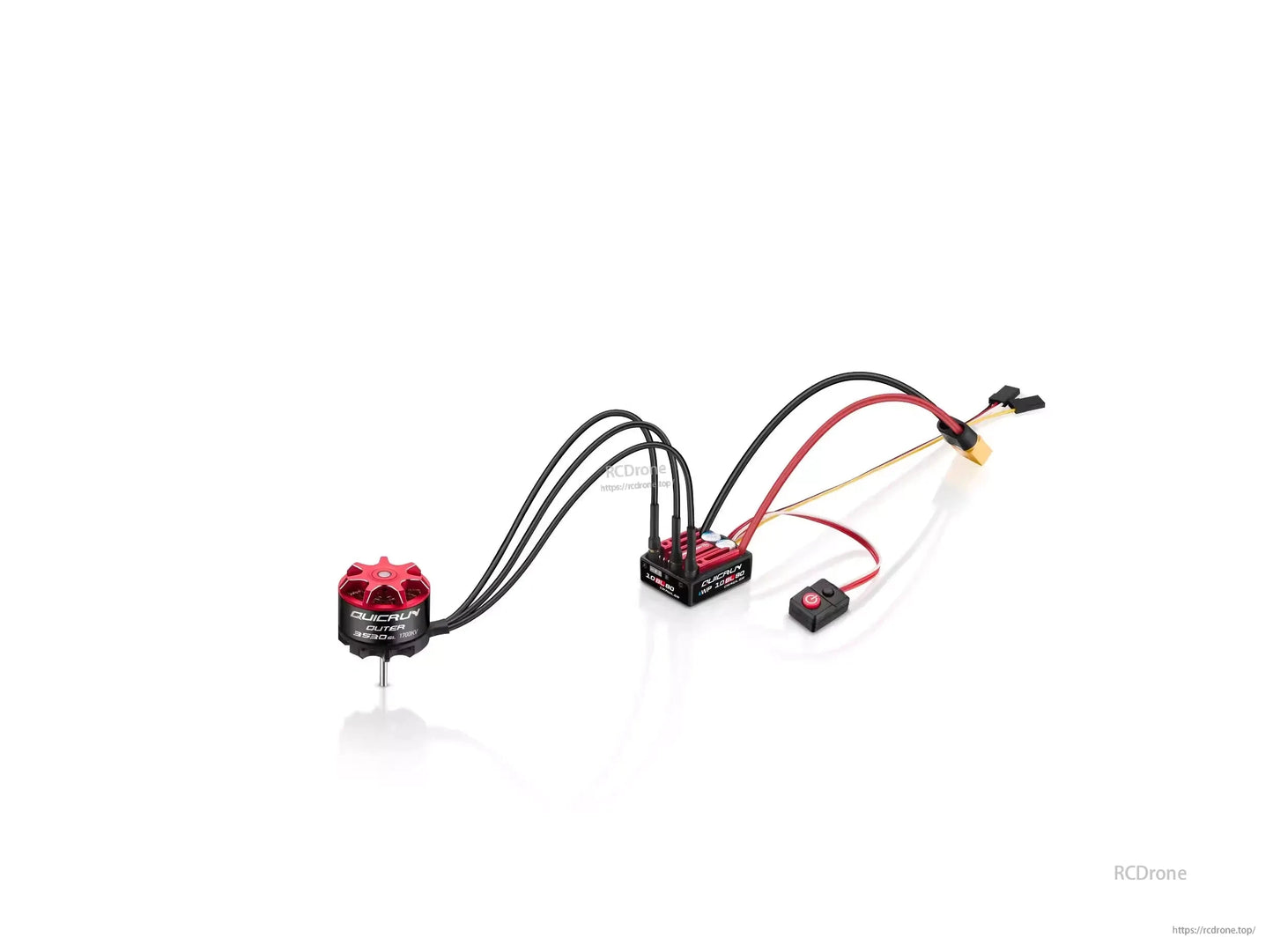 Hobbywing QUICRUN Outer 3530 brushless motor wired to a QUICRUN WP 1080 ESC with on/off switch and leads