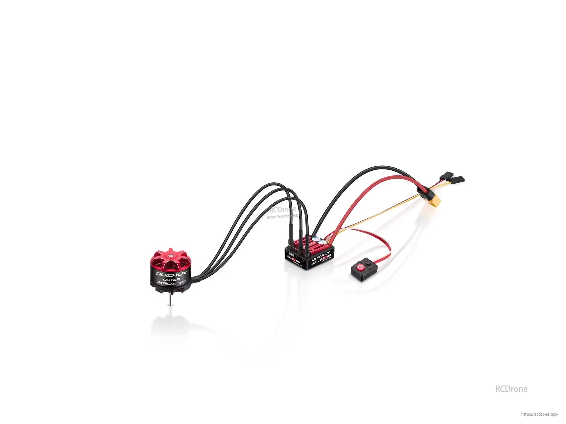 Hobbywing QUICRUN Outer 3530 brushless motor wired to a QUICRUN WP 1080 ESC with on/off switch and leads