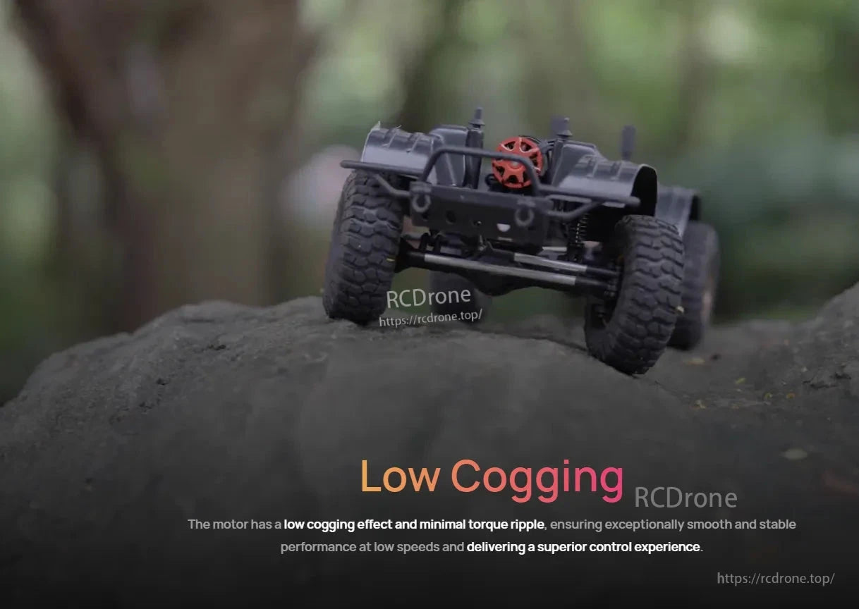 RC crawler chassis with visible brushless motor, with “Low Cogging” text describing smooth low-speed control