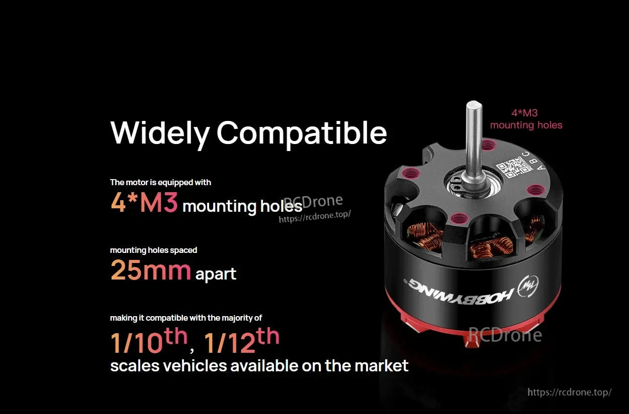 Hobbywing QUICRUN 3530SL brushless motor with 4x M3 mounting holes spaced 25mm apart for 1/10 and 1/12 RC crawlers