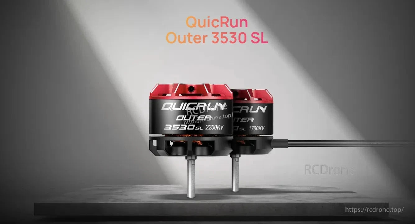 Hobbywing QuicRun Outer 3530SL brushless RC motor with red endbell, labeled 2200KV and 1700KV options