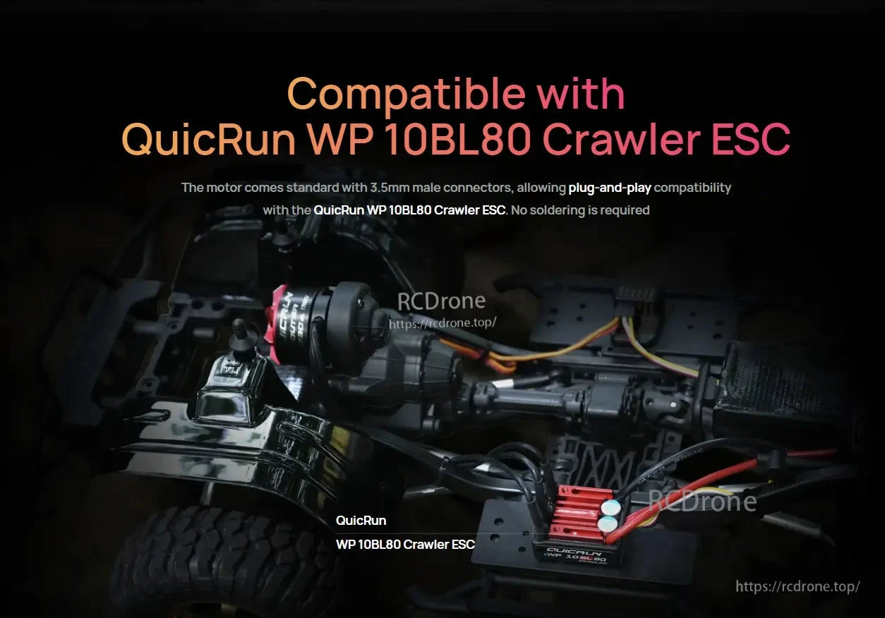 RC crawler chassis with a Hobbywing QuicRun brushless motor wired to a QuicRun WP 10BL80 Crawler ESC